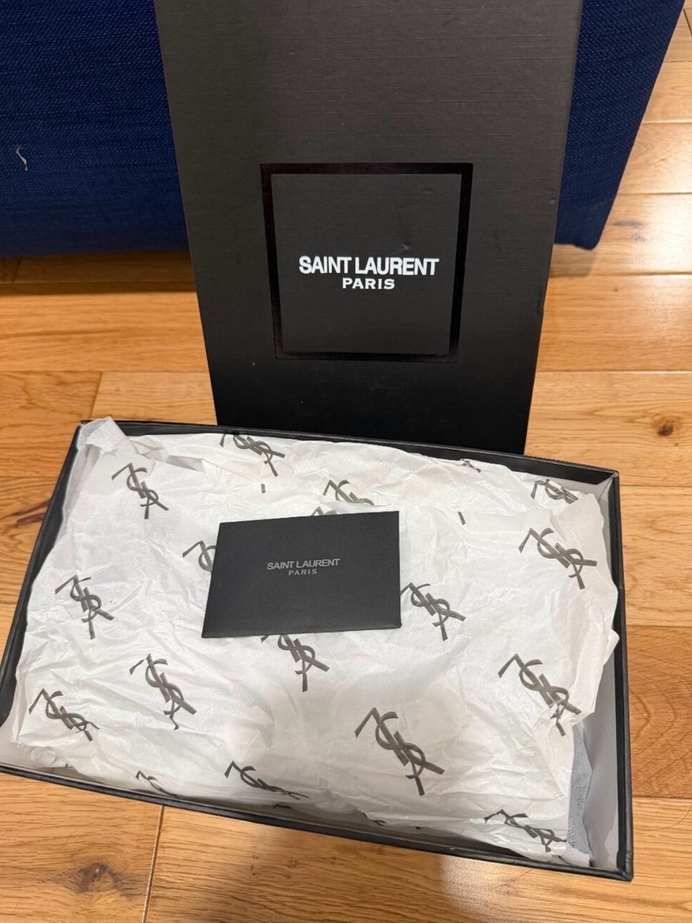 Saint Laurent Black Patent Sandal with Gold YSL Logo Heel - Picture 7 of 11